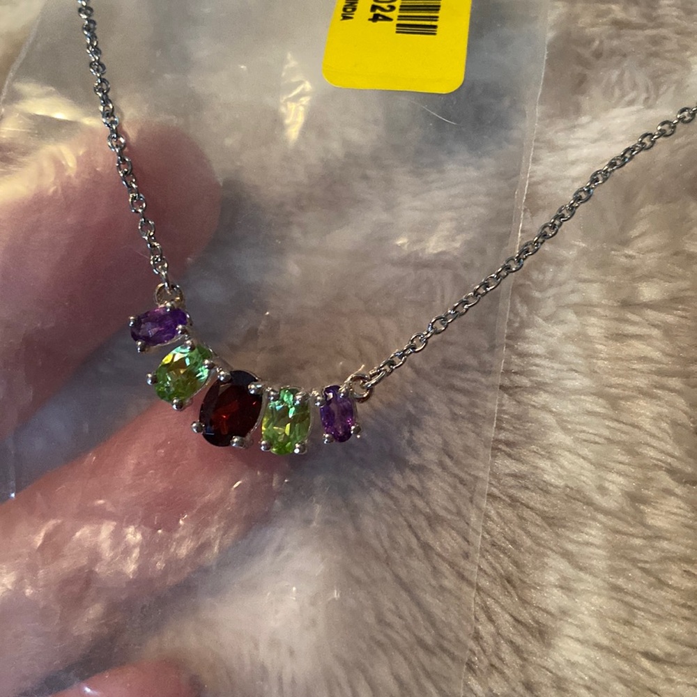 African amethyst, peridot, red garnet 925 silver and steel mix necklace